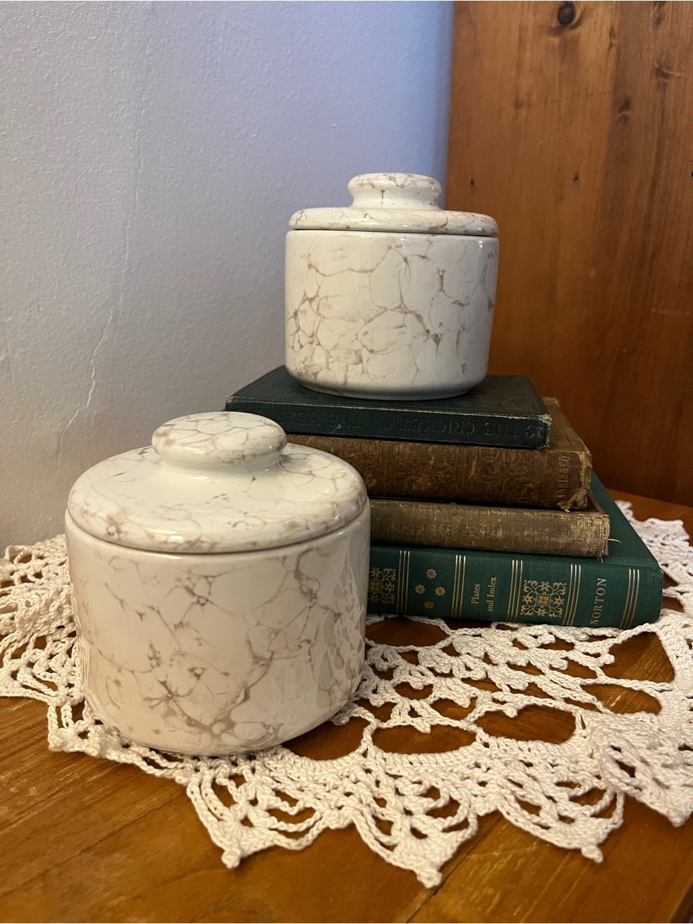 Set of Two Ceramic Faux Marble Canisters with Lids Vintage USA
